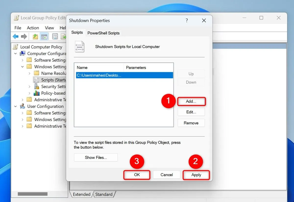 Cấu hình chạy script dọn dẹp file tạm khi tắt máy tính Windows 11 Pro bằng Local Group Policy Editor.