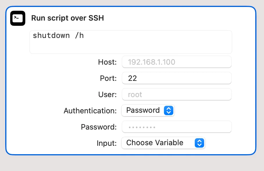 Cấu hình phím tắt để gửi lệnh SSH &quot;shutdown /h&quot; nhằm ngủ đông máy tính Windows.