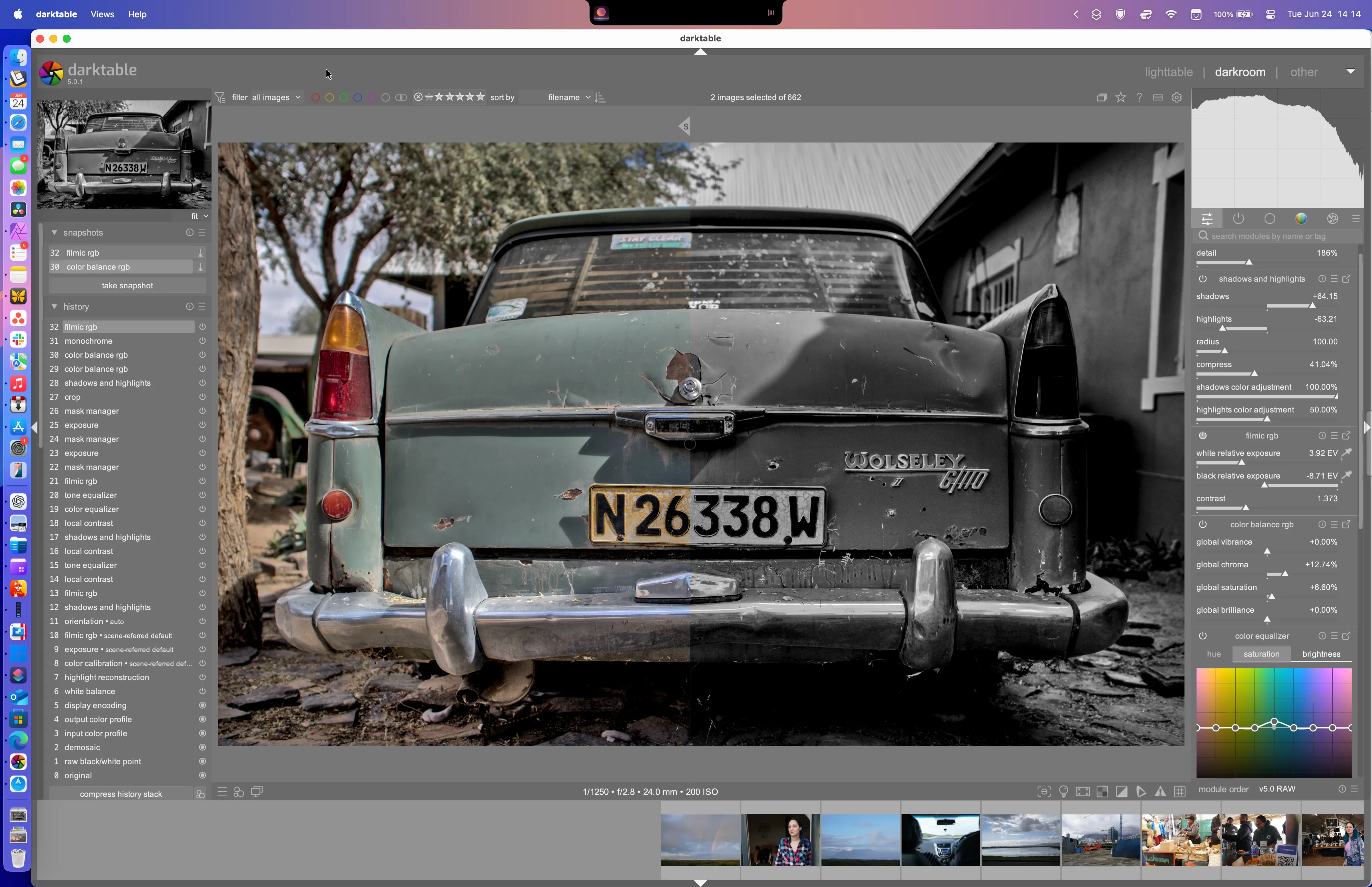 Chế độ Darkroom của darktable, cho phép xem trước các thay đổi chỉnh sửa ảnh RAW bằng tính năng snapshots.