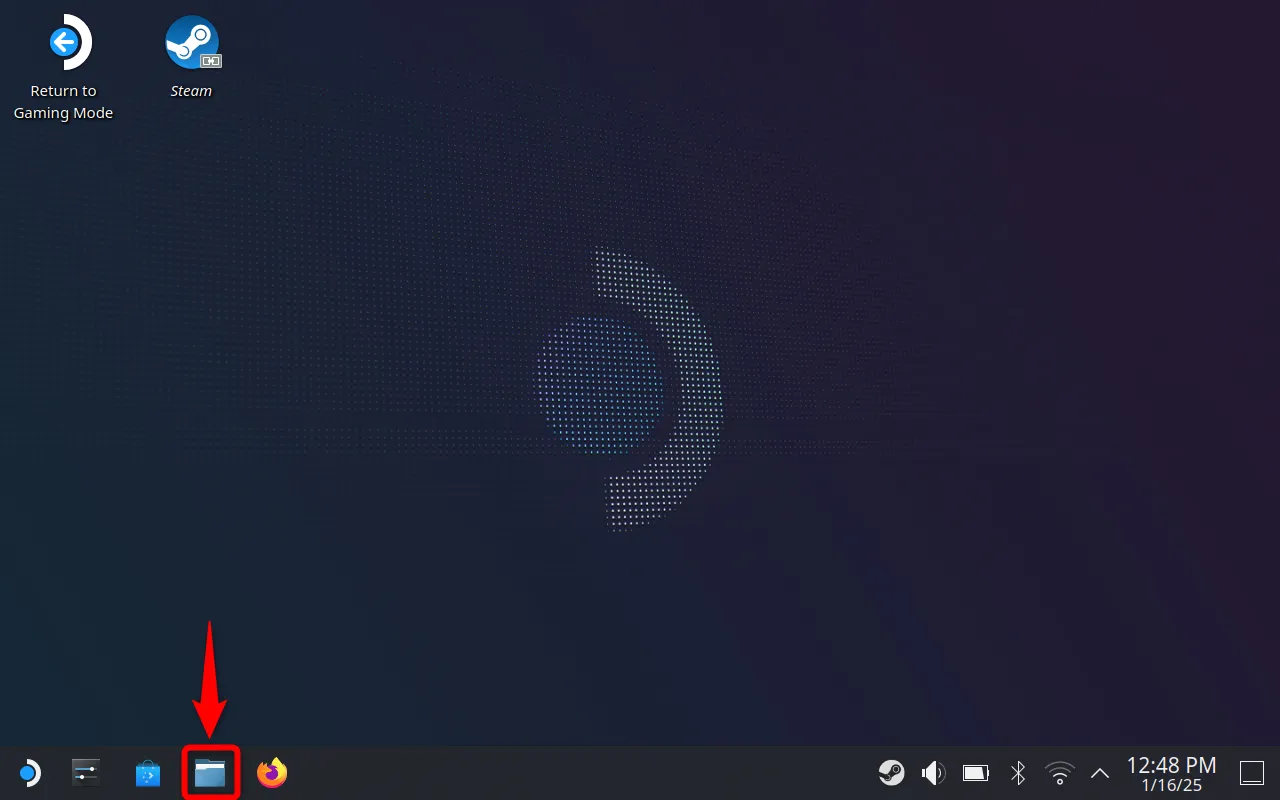 Chế độ máy tính để bàn của Steam Deck với File Manager (Dolphin) được tô sáng trên thanh tác vụ, sẵn sàng để người dùng mở và quản lý tệp.