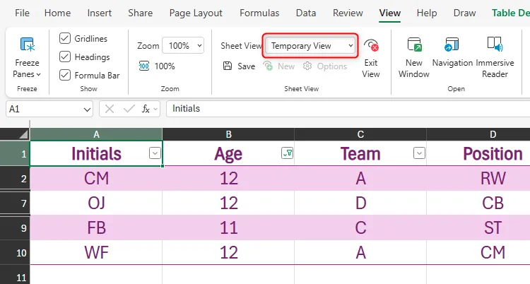 Chế độ xem trang tính mới trong Excel Online được đặt tên là &quot;Temporary View&quot; (Chế độ xem tạm thời), hiển thị sự linh hoạt khi chia sẻ dữ liệu Excel.
