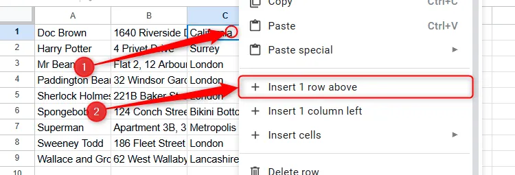 Chèn một hàng mới phía trên để thêm các tiêu đề cột cho bảng dữ liệu trong Google Sheets