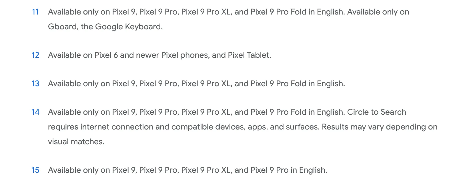 Chi tiết nhỏ về các tính năng cập nhật trong Pixel Feature Drop, cho thấy sự hạn chế đối với các thiết bị Pixel cũ.