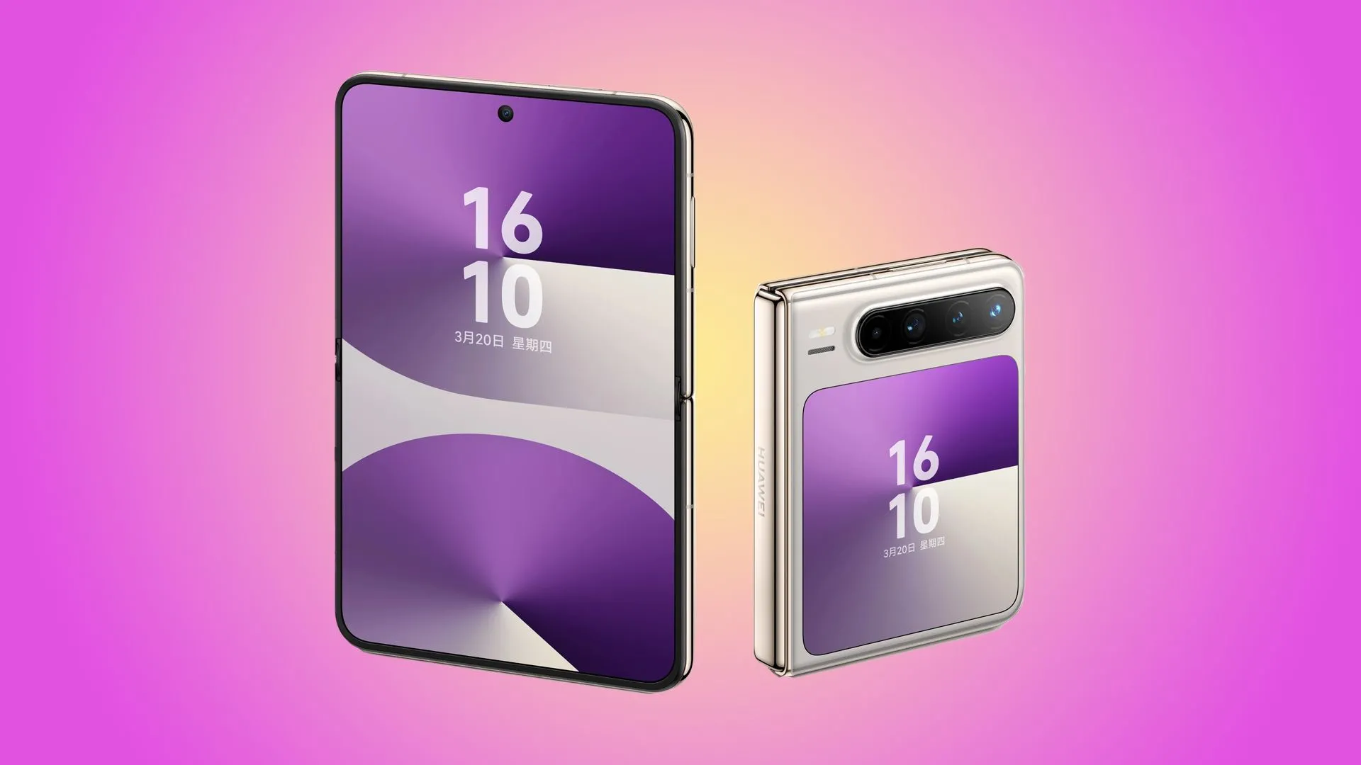 Chiếc điện thoại gập Huawei Pura X màu trắng ngọc trai với màn hình phụ hình tròn độc đáo ở mặt lưng.