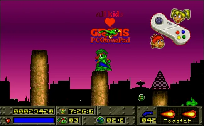 Chiếc gamepad Gravis PC trong game Jazz Jackrabbit, một tựa game nền tảng tốc độ cao.