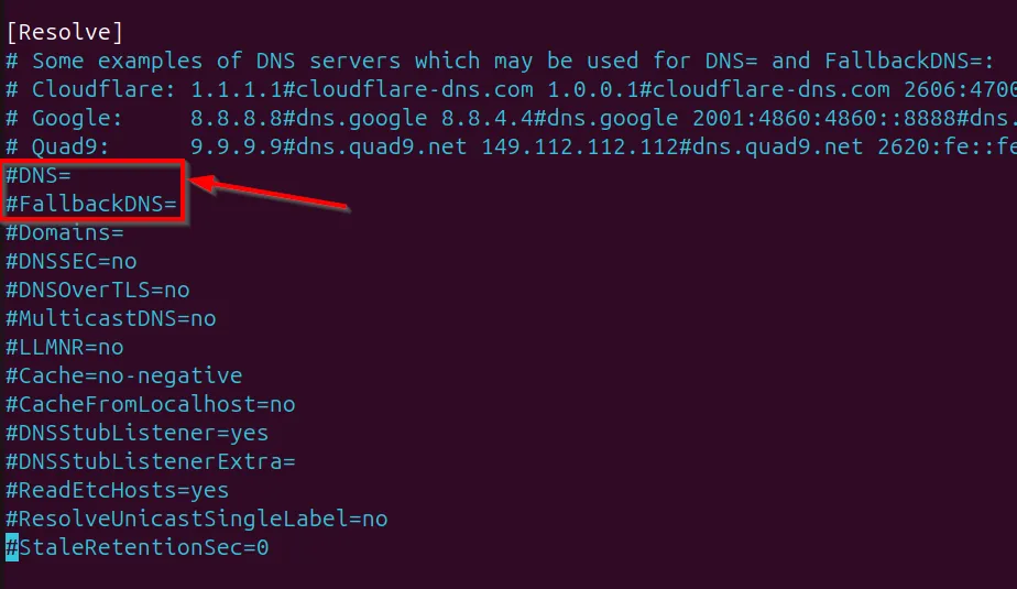 Chỉnh sửa cấu hình DNS trong tệp /etc/systemd/resolved.conf trên Ubuntu.