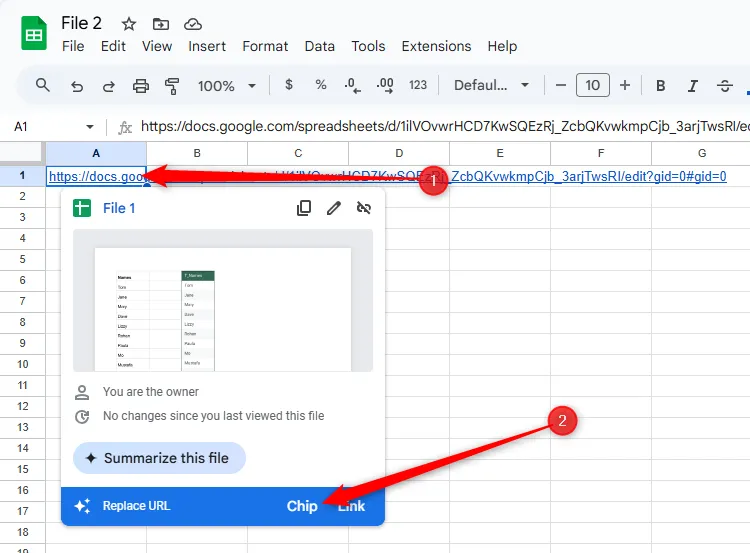 Chip được chọn trong cửa sổ pop-up liên kết trong ô của Google Sheets.