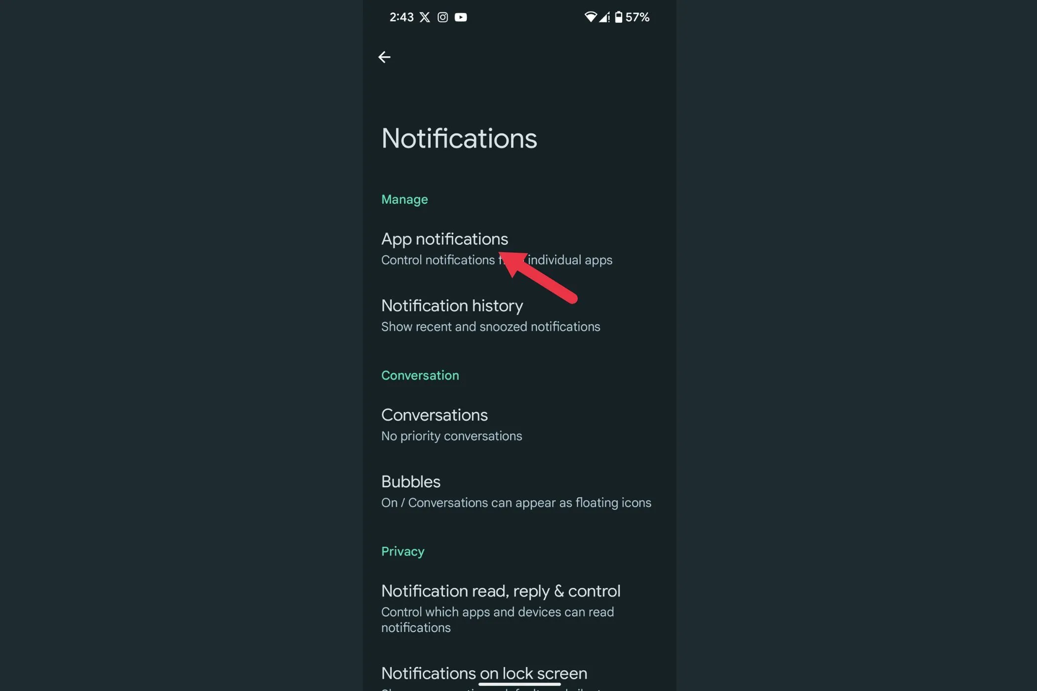 Chọn &quot;App notifications&quot; (Thông báo ứng dụng) trong cài đặt để quản lý thông báo từng ứng dụng