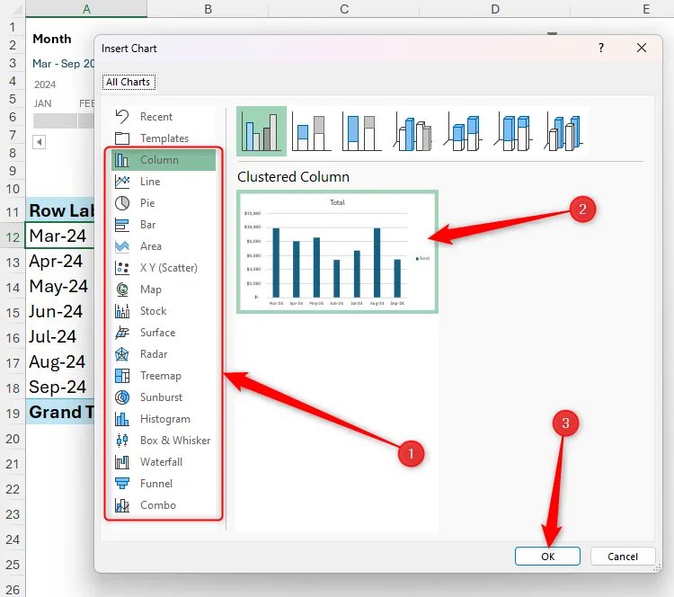Chọn biểu đồ cột cụm (Clustered Column Chart) trong hộp thoại Insert Chart của Excel