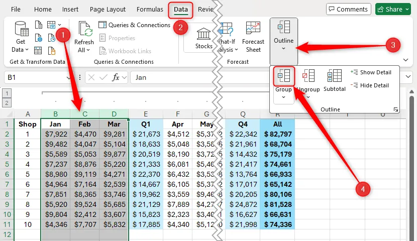 Chọn các cột từ B đến D trong Excel và nhấn nút &quot;Group&quot; (Nhóm) trên tab &quot;Data&quot; (Dữ liệu) để tạo nhóm con.