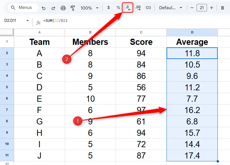 Chọn các ô chứa số thập phân trong Google Sheets và nhấn nút Giảm số thập phân để định dạng lại