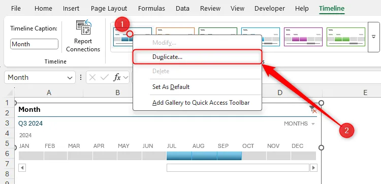 Chọn Duplicate để tạo bản sao và tùy chỉnh kiểu Timeline trong Excel
