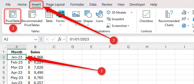 Chọn ô dữ liệu và nút PivotTable trong thẻ Insert của Excel