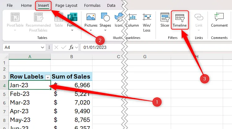 Chọn ô trong PivotTable và nút Timeline trong thẻ Insert của Excel