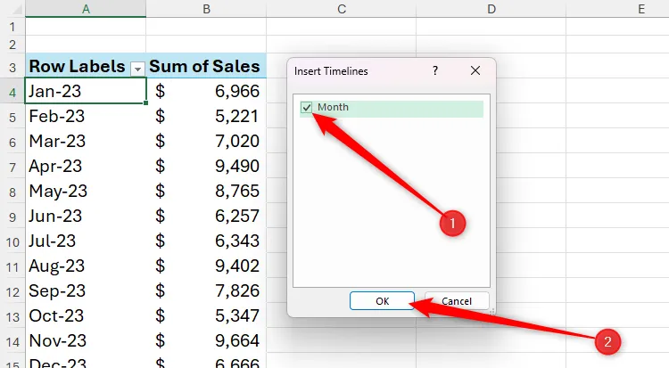 Chọn trường Month trong hộp thoại Insert Timelines của Excel