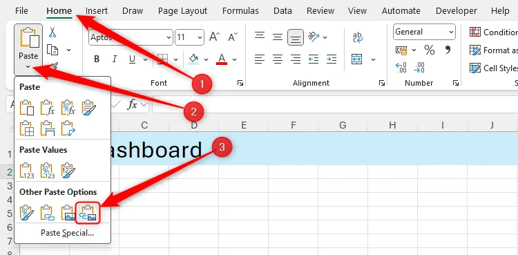 Chọn tùy chọn Hình ảnh Liên kết từ menu Dán trong tab Home của Excel