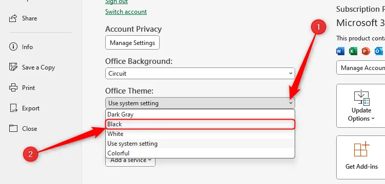 Chủ đề Office màu đen được chọn trong cài đặt tài khoản của Excel