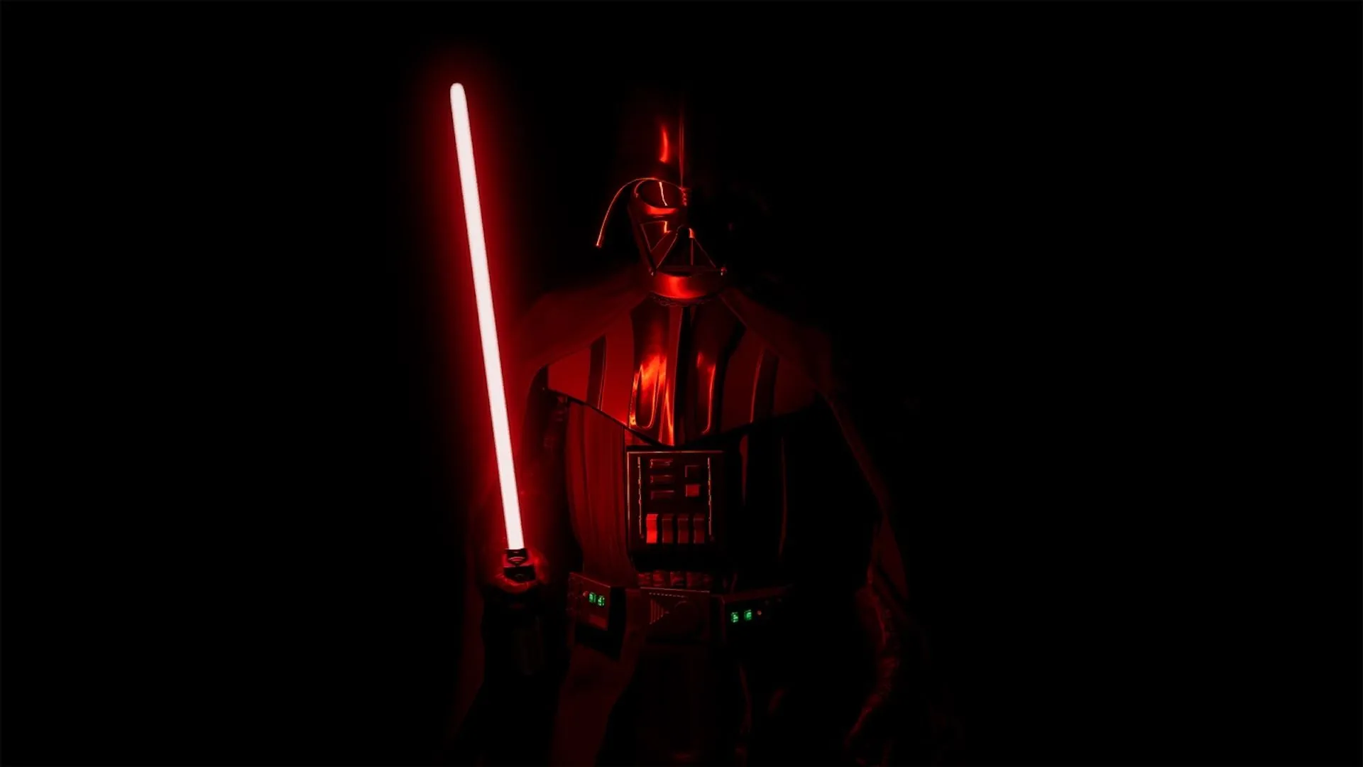 Chúa tể Darth Vader với thanh lightsaber đỏ rực trong bóng tối của game thực tế ảo Star Wars Vader Immortal