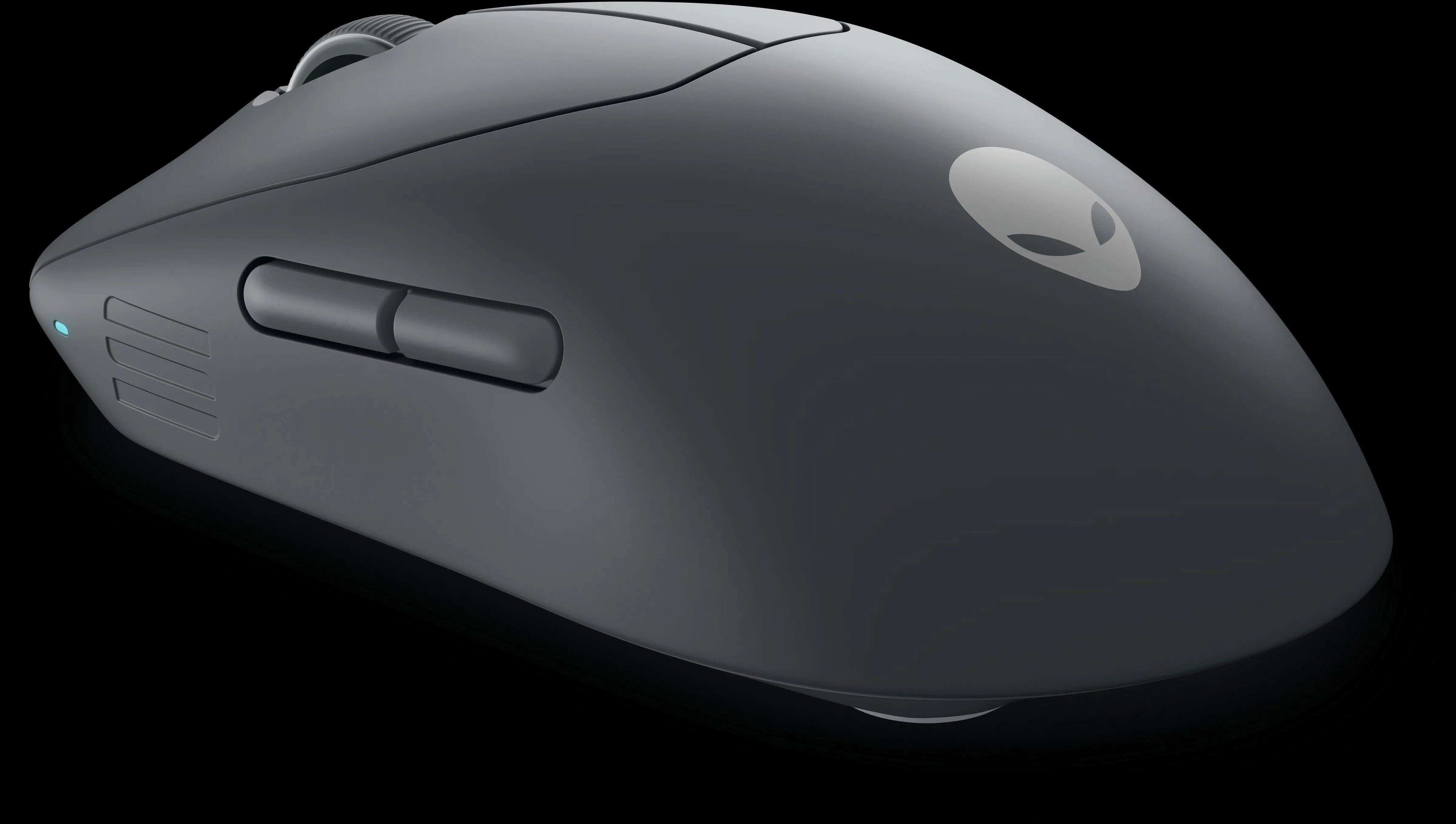 Chuột gaming không dây Alienware Pro Wireless màu trắng trên nền đen, thiết kế đối xứng, sản phẩm công nghệ cao cấp cho game thủ.