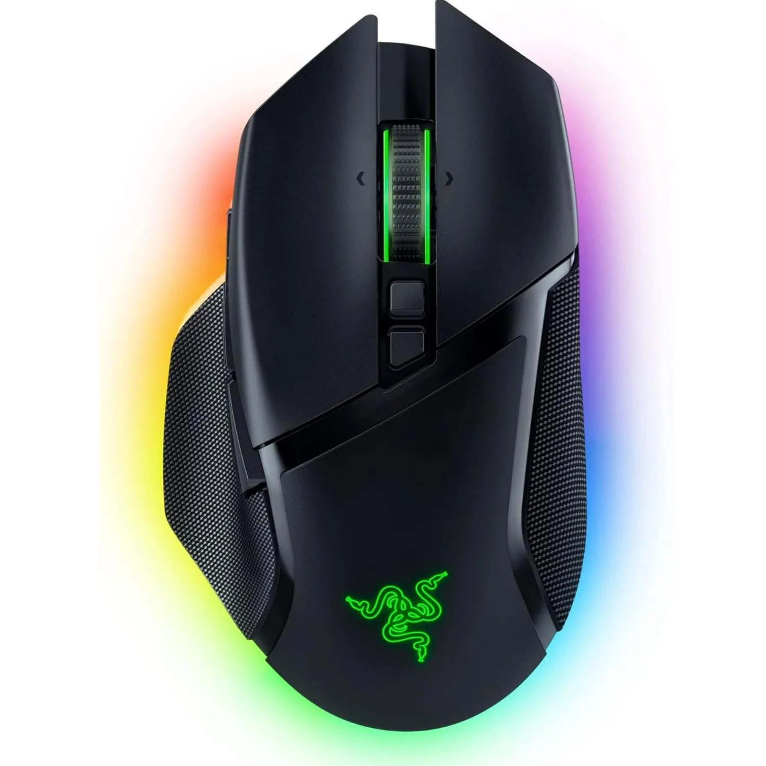 Chuột gaming không dây Razer Basilisk V3 Pro màu đen trên nền trắng, nổi bật thiết kế ergonomic và các nút tùy chỉnh.