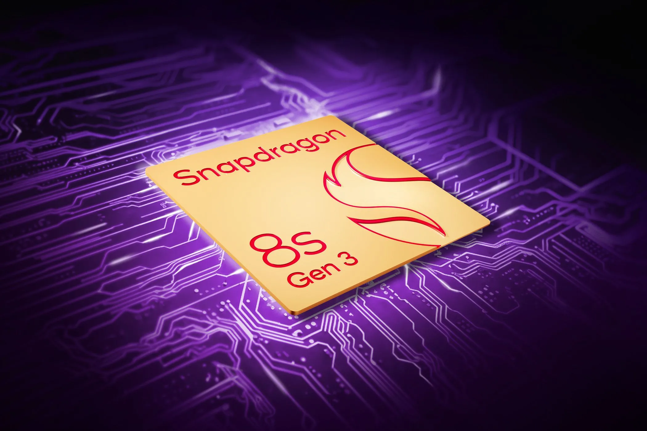 Con chip Snapdragon 8S Gen 3 đặt trên một bo mạch chủ màu tím, thể hiện sự mạnh mẽ về hiệu năng