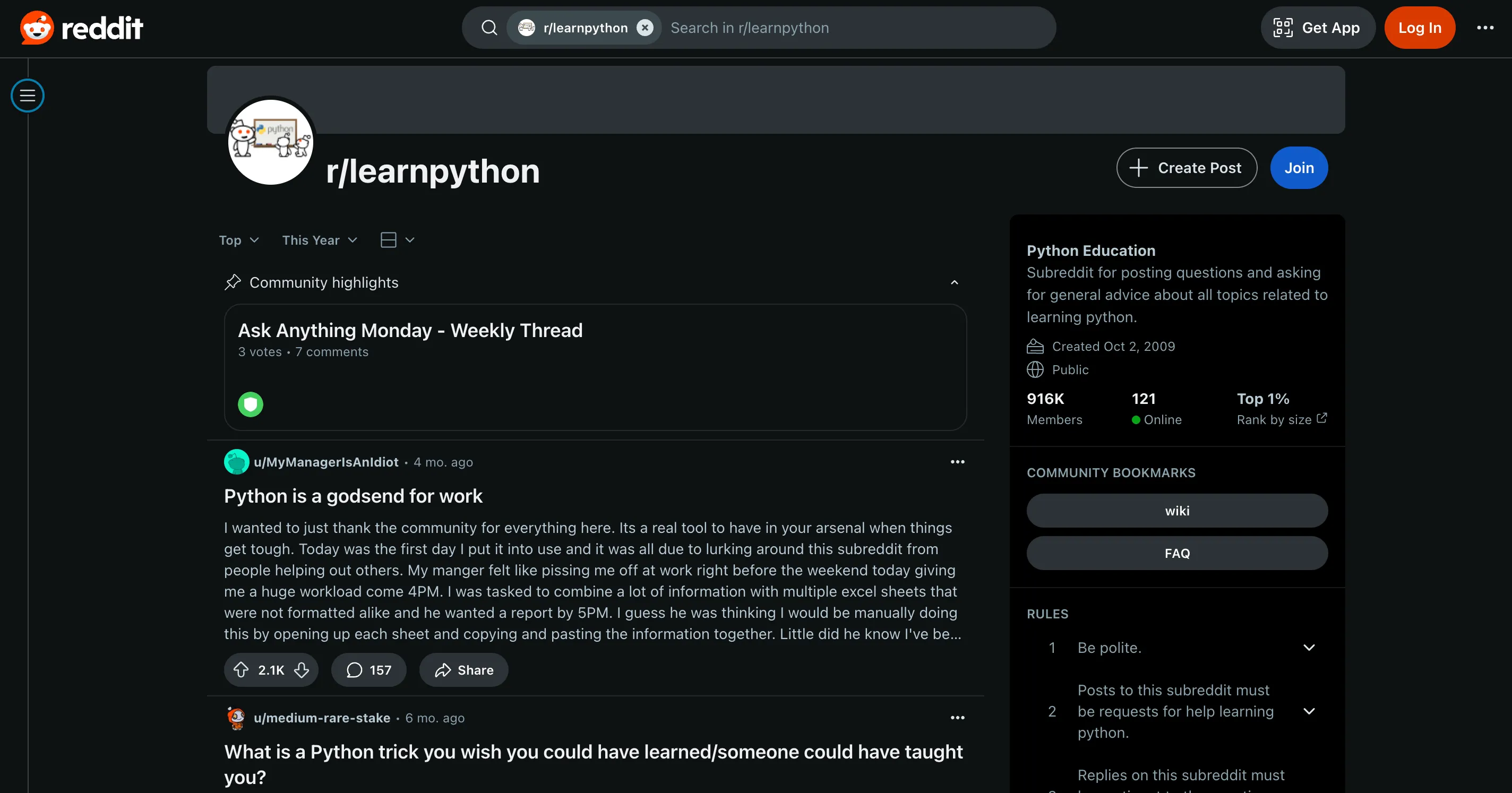 Cộng đồng 'Learn Python' trên Reddit, minh họa một trong những nguồn hỗ trợ hữu ích cho người học lập trình.