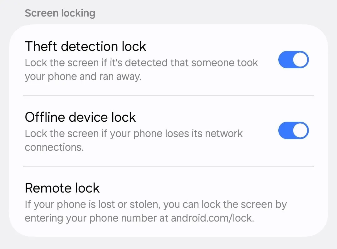 Công tắc kích hoạt tính năng Khóa phát hiện trộm cắp trên điện thoại Samsung.