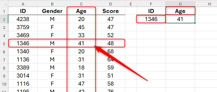 Công thức XLOOKUP hai chiều trong Excel hiển thị tuổi dựa trên ID và tiêu đề cột &quot;Age&quot;