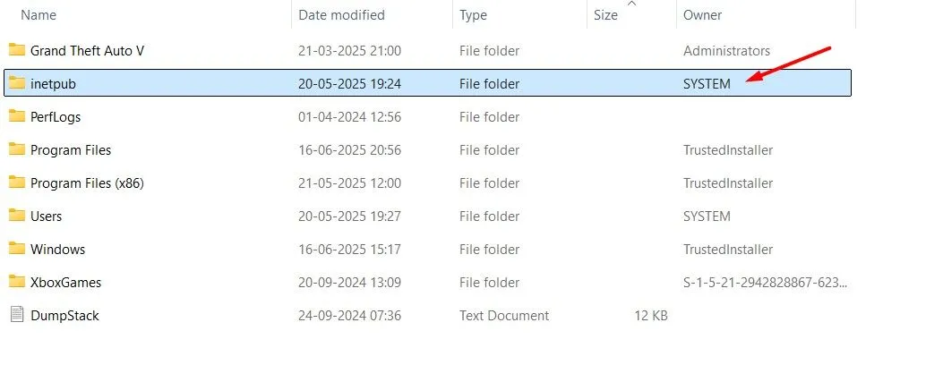 Cột Owner hiển thị System cho thư mục inetpub trong File Explorer