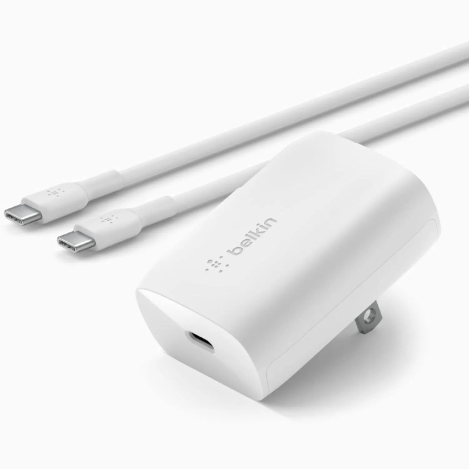 Củ sạc tường Belkin 30W USB-C màu trắng, minh họa công nghệ sạc nhanh