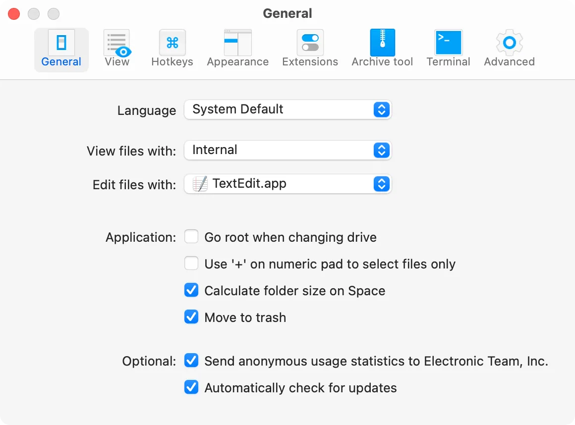 Cửa sổ cài đặt của Commander One trên macOS với các tùy chọn tùy chỉnh