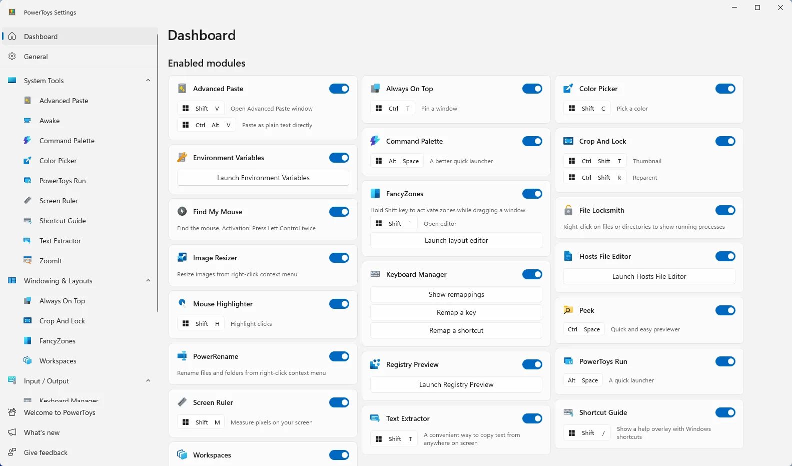 Cửa sổ cài đặt đầy đủ của Microsoft PowerToys với các tùy chỉnh cho từng tiện ích.