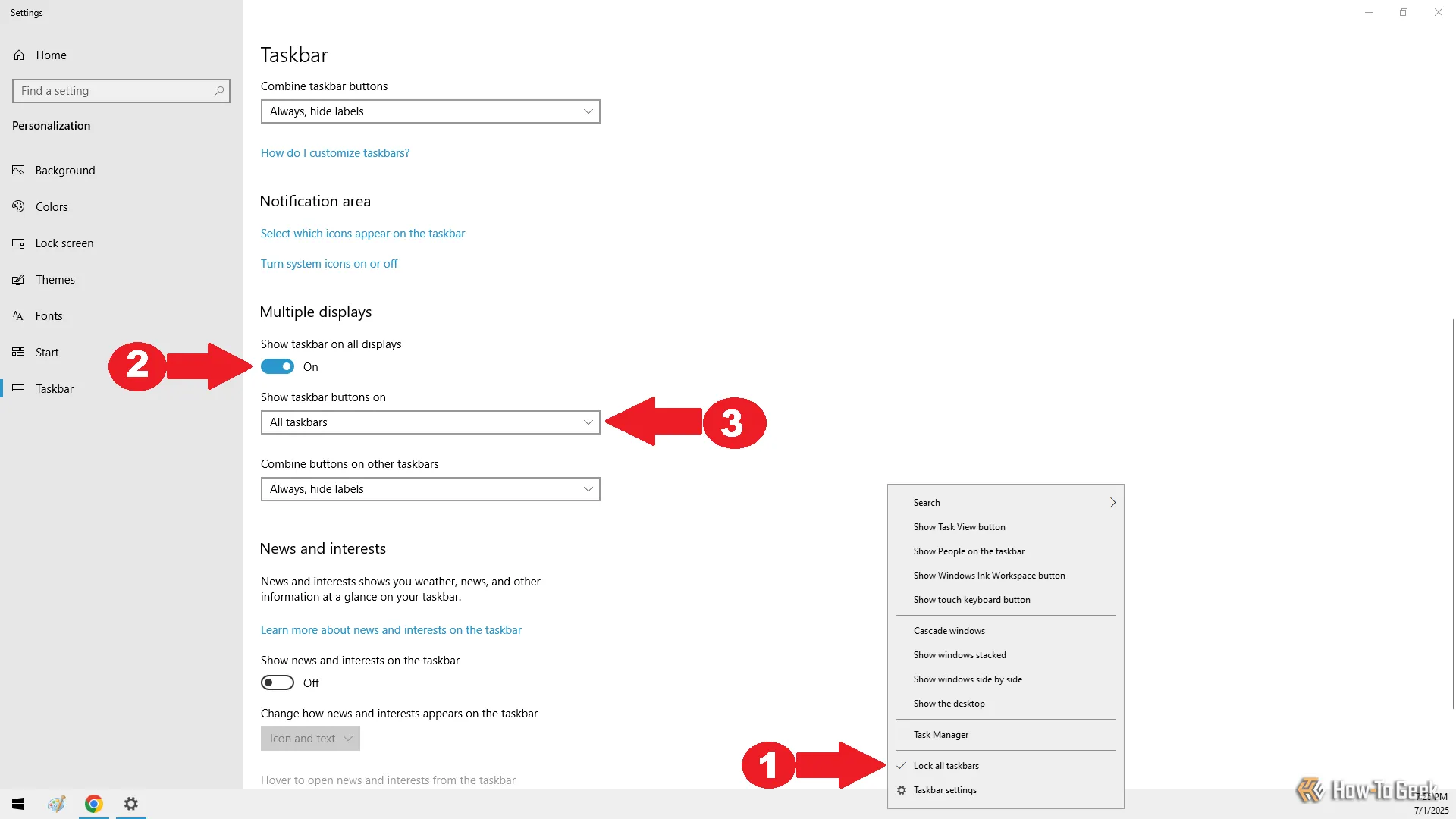 Cửa sổ cài đặt thanh tác vụ (Taskbar settings) trong Windows, với các tùy chọn khóa thanh tác vụ và hiển thị thanh tác vụ trên tất cả các màn hình.