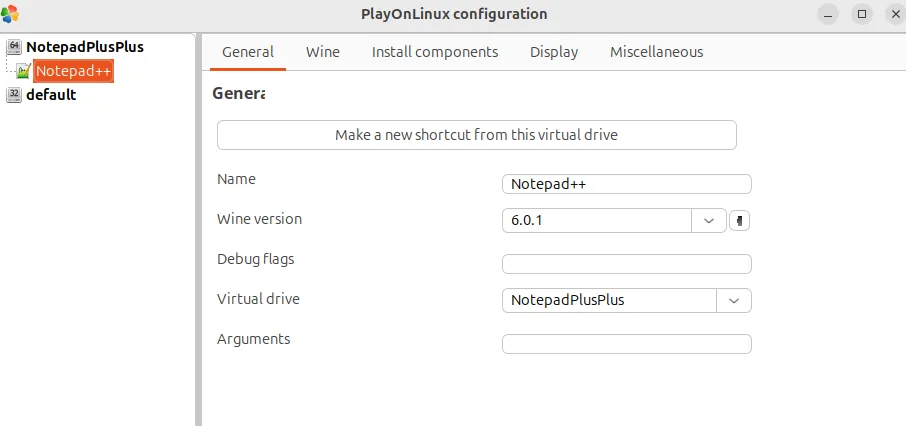 Cửa sổ cấu hình PlayOnLinux hiển thị các tùy chọn tinh chỉnh Wine cho một ứng dụng cụ thể