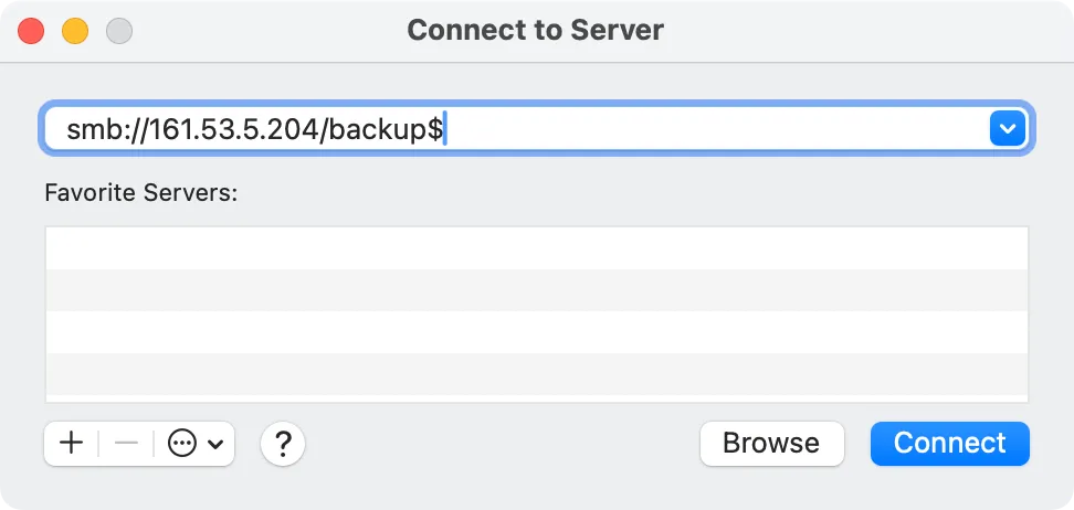 Cửa sổ Connect to Server trong macOS hiển thị địa chỉ chia sẻ từ xa SMB.