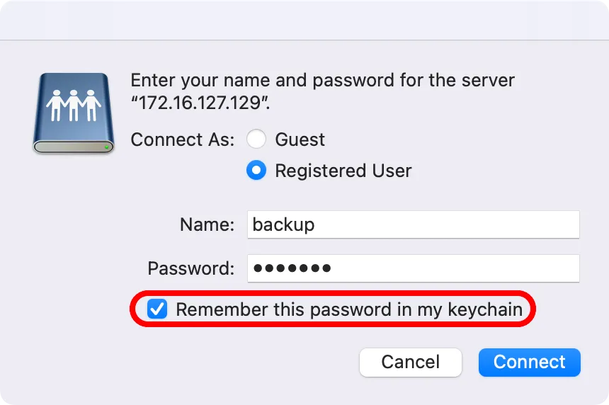 Cửa sổ Connect to Server trong macOS Sequoia với tùy chọn lưu mật khẩu vào chuỗi khóa được chọn.