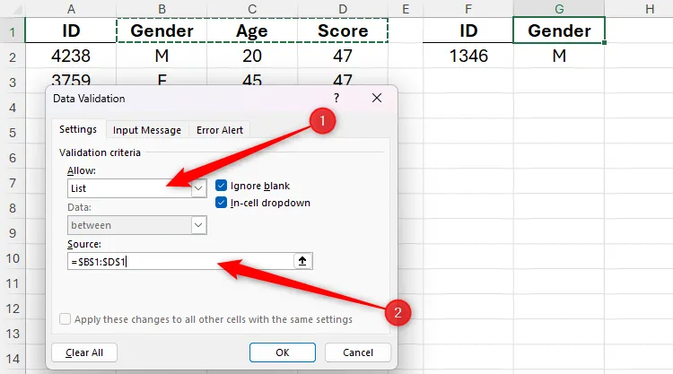 Cửa sổ Data Validation trong Excel với tùy chọn &quot;List&quot; được chọn và nguồn dữ liệu là các ô B1 đến D1