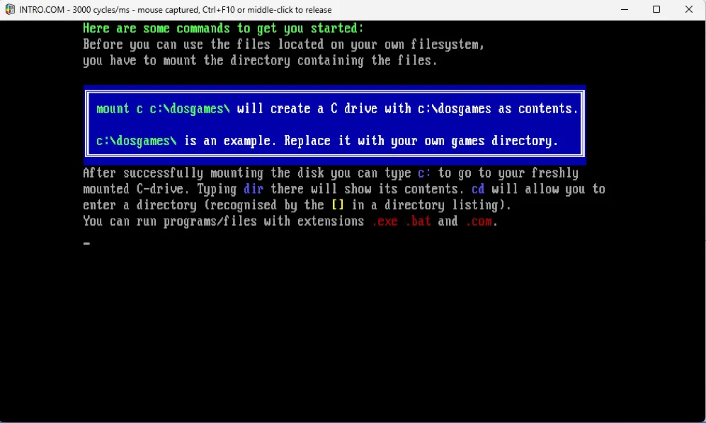 Cửa sổ dòng lệnh DOSBox Staging với lệnh mount c c:dos để tạo thư mục chứa game DOS