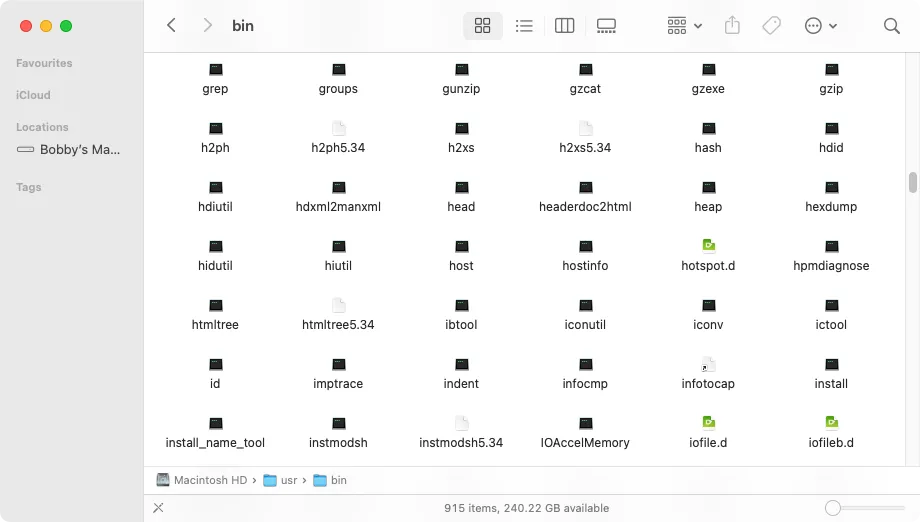 Cửa sổ Finder của macOS hiển thị thư mục /usr/bin với các công cụ Linux quen thuộc như grep, head và host.