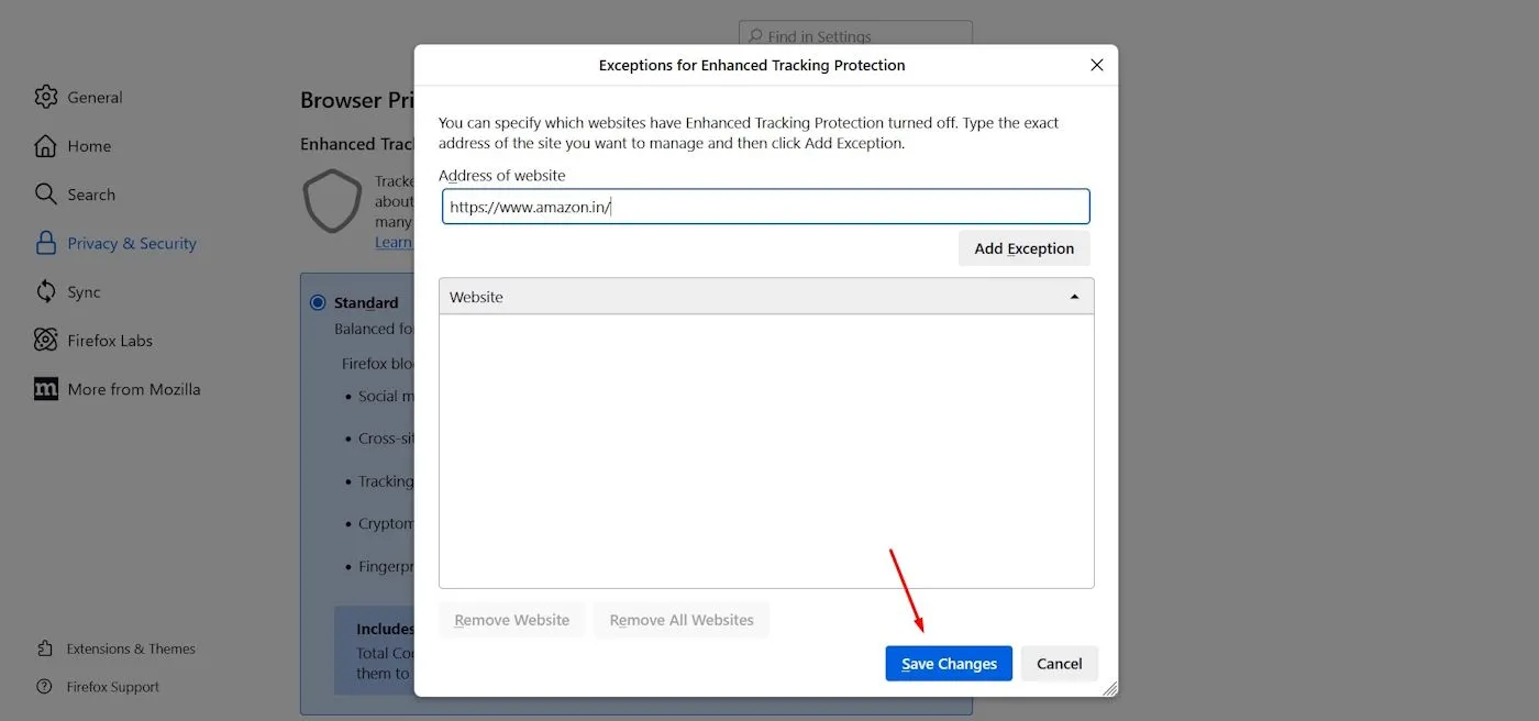 Cửa sổ Quản lý Ngoại lệ (Manage Exceptions) của Firefox, cho phép người dùng thêm địa chỉ trang web vào danh sách loại trừ tính năng chống theo dõi.