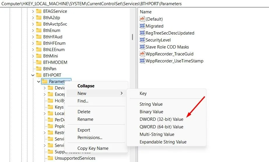 Cửa sổ Registry Editor, hướng dẫn tạo giá trị DWORD (32-bit) mới cho SystemRemoteWakeSupported.