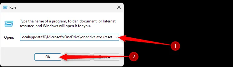 Cửa sổ Run trong Windows 11 hiển thị lệnh 'wsreset.exe' để đặt lại OneDrive