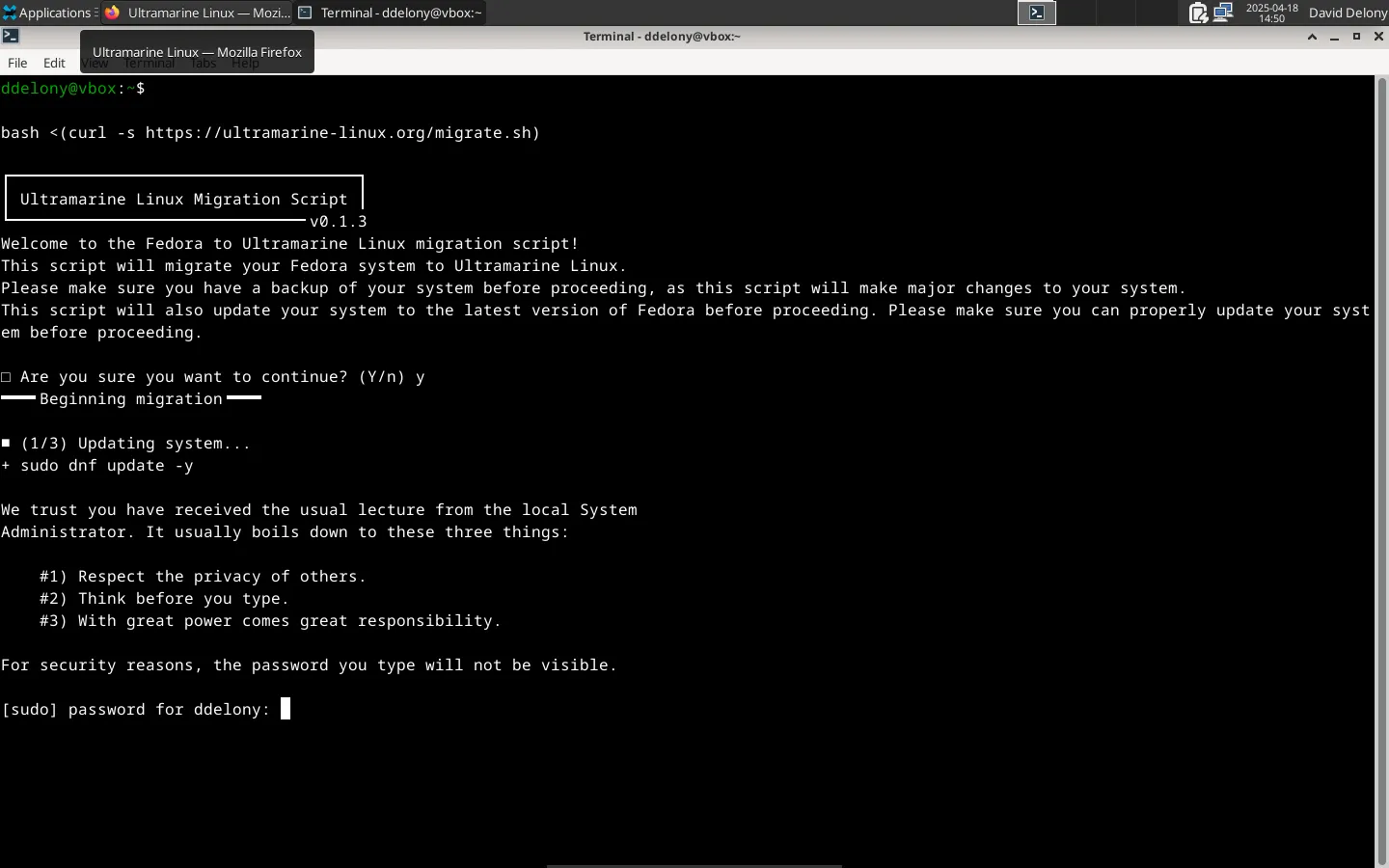 Cửa sổ terminal hiển thị script chuyển đổi Fedora thành Ultramarine Linux đang chạy, thay đổi kho lưu trữ và cài đặt gói.