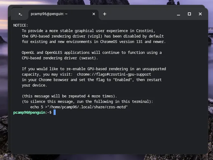 Cửa sổ Terminal Linux đã được khởi chạy thành công trên Chromebook, sẵn sàng cho các lệnh.