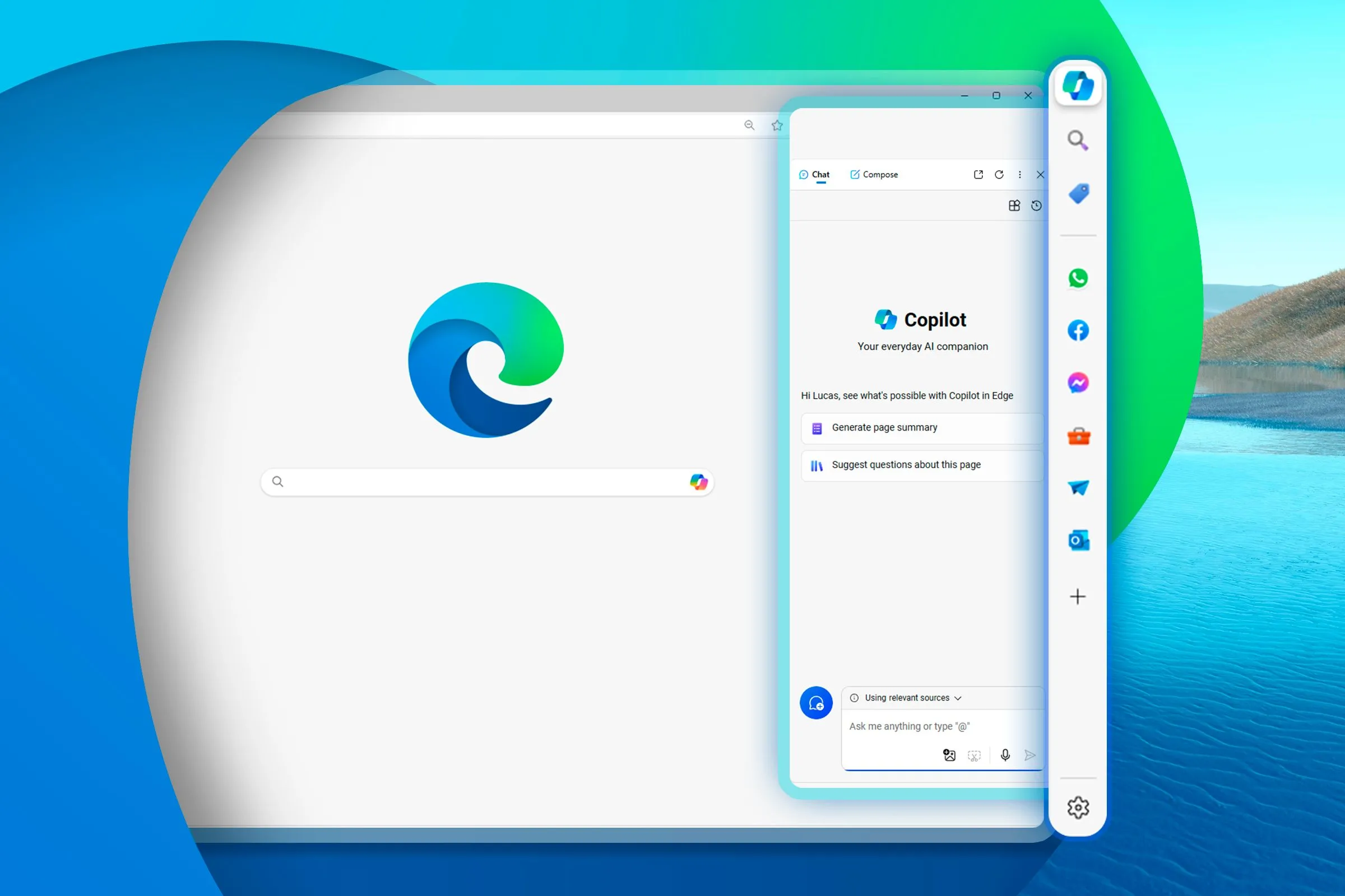 Cửa sổ trình duyệt Microsoft Edge hiển thị thanh bên (Sidebar) được làm nổi bật, minh họa cho tính năng đa nhiệm tiện lợi.