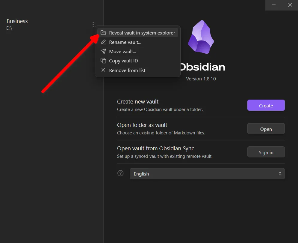 Cửa sổ Windows Explorer hiển thị thư mục Obsidian vault đã được chọn.
