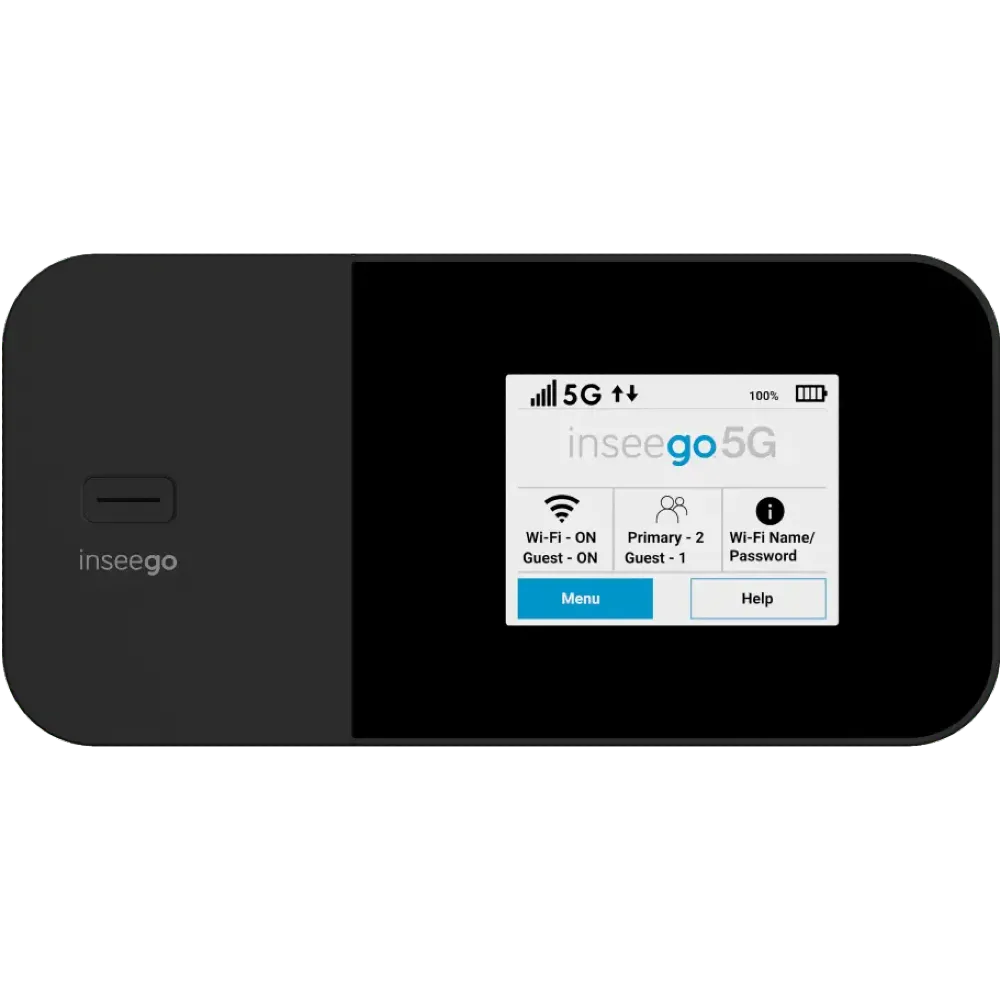 Cục phát Wi-Fi di động Inseego MiFi X Pro 5G màu đen, thiết kế hiện đại, hiển thị trên nền trắng, là mobile hotspot lý tưởng cho T-Mobile, nổi bật với kết nối 5G, Wi-Fi 6 và pin bền bỉ.