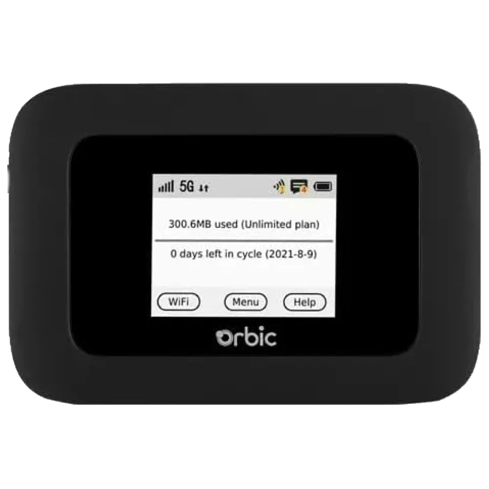 Cục phát Wi-Fi di động Orbic Speed 5G UW màu đen, nhỏ gọn, hiển thị rõ ràng trên nền trắng, đại diện cho mobile hotspot 5G mạnh mẽ dành riêng cho nhà mạng Verizon, với tốc độ cao và kết nối đáng tin cậy.