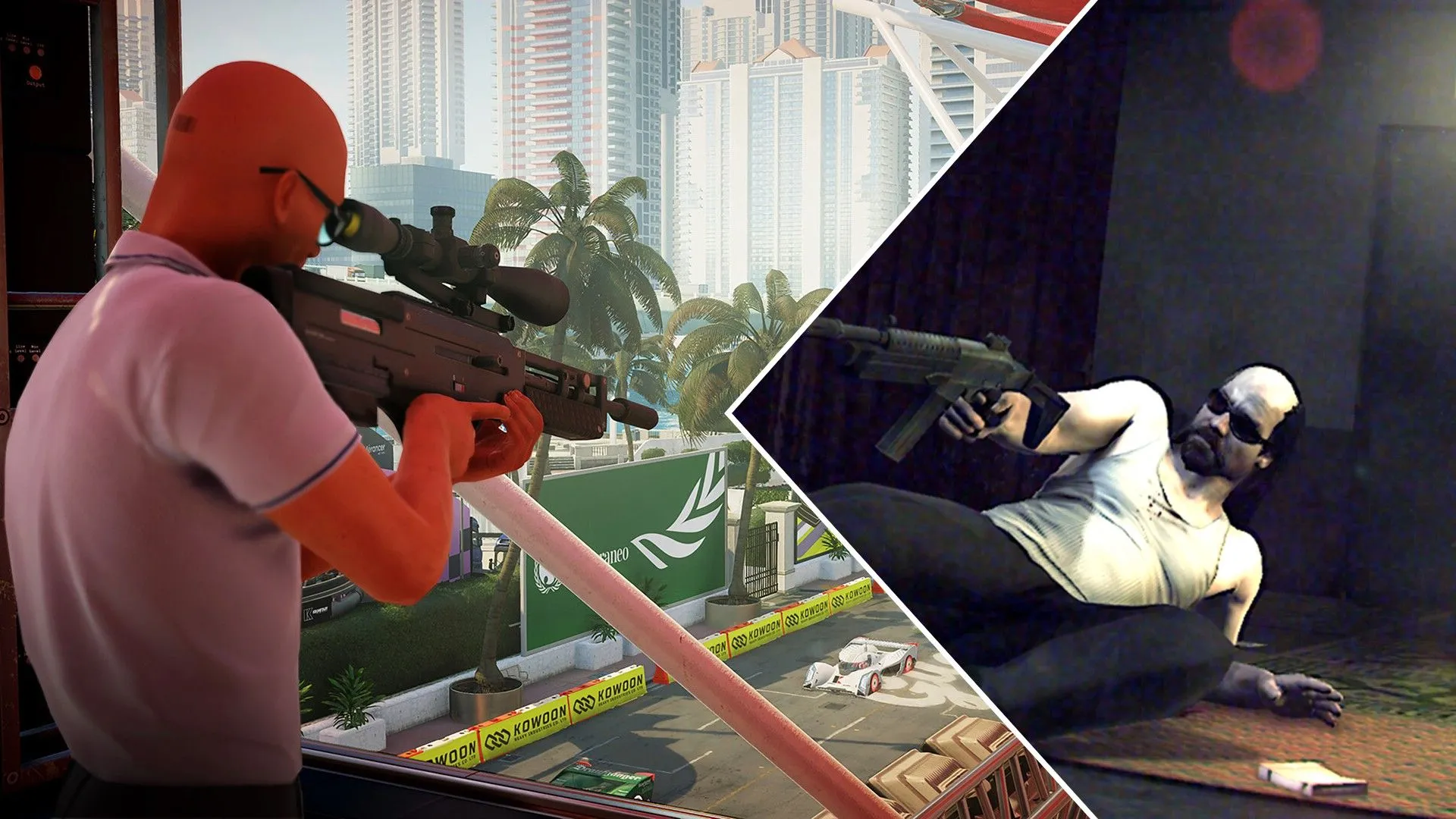 Đặc vụ 47 từ Hitman nhắm bắn bằng súng bắn tỉa qua cửa sổ, bên cạnh Kane từ Kane and Lynch nhắm mục tiêu, ngụ ý về sự giao thoa vũ trụ game IO Interactive.