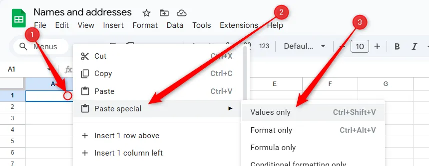 Dán dữ liệu vào Google Sheets bằng tùy chọn &quot;Dán đặc biệt&quot; -&gt; &quot;Chỉ giá trị&quot;
